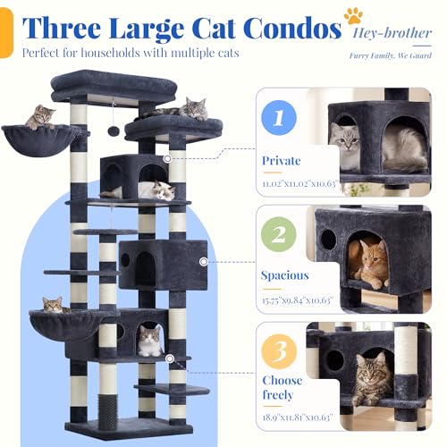Hey-brother Cat Tree, 74 inches Multi-Level XL Large Cat Tower for Indoor Cats with Three Cat Condos, Two Large Top Decks and Cat Hairbrushfor Kittens, Cats and Pets, Smoky Gray MPJ035-MG