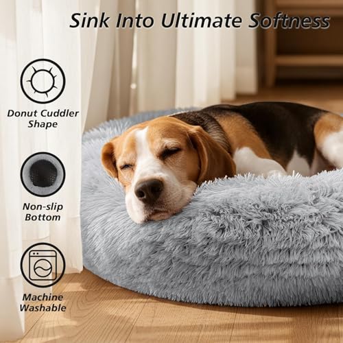 JOLLYVOGUE Calming Dog Bed Medium Size Dog, 31in Donut Washable Medium Pet Bed, Anti-Slip & Anti-Anxiety Fluffy Faux Fur Round Dogs Bed, Fits up to 45 lbs Pets (Smoke Grey)