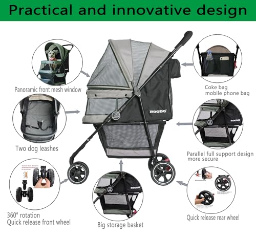 ROODO Escort 3 Wheel Dog Cat Pet Stroller for Small/Medium Dogs Cats Best Lightweight Foldable Portable Compact Jogger All Terrain Travel Pet Gear System Puppy Doggie Bunny Kitty Stroller(Grey)