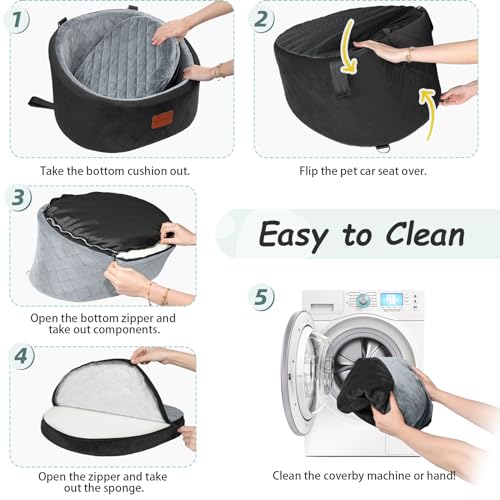 Lealchum Dog Car Seat for Small Dogs Up to 30 Lbs,Ultra Soft Fabric Fill in Comfy Memory Foam,Happy Pet Ride,2 Safety Dog Leashes,Fully Detachable and Washable,Anti Slip Base(Black/Grey)