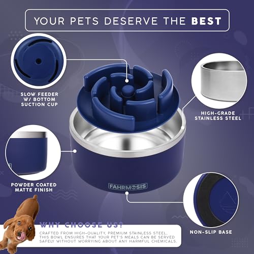 FAHRMOSIS 32 Oz Dog Bowl with Slow Feeder Insert Stainless Steel Pet Water Bowl for Medium & Large Breed Non Slip Rubber Base & Plastic Puzzle Feeder - Navy Blue