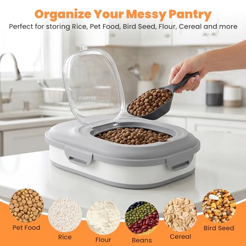 NURYO 30 Lbs Dog Food Storage Container with Wheels, Collapsible Pet Food Storage Container with Clear Window, Measuring Cup & Scoop, BPA Free Cat Food Container for Rice, Flour, Grain, Bird Seed