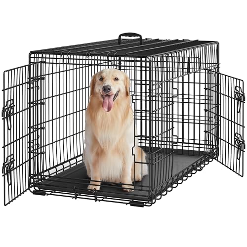 Yaheetech 42 inch Double Door Dog Crate w/Divider for Puppy, Collapsible Metal Dog Kennel with Removable Tray, Portable Travel Cage, Black