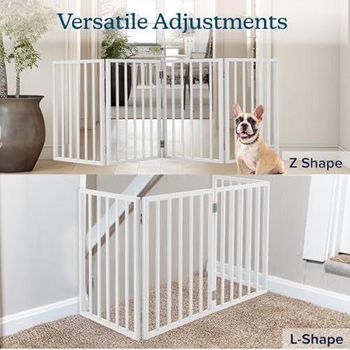Pet Gate - 4-Panel Indoor Foldable Dog Fence for Stairs, Hallways or Doorways - 72x24-Inch Retractable Wood Freestanding Dog Gates by PETMAKER (White)