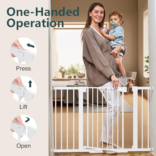 Cumbor 29.7-48" Baby Gate for Stairs, Mom's Choice Awards Winner-Dog Gates for Doorways, Auto Close Safety Pet Gate for Dogs Indoor, Easy Install Pressure Mounted Child Gate with Walk Thru Door, White