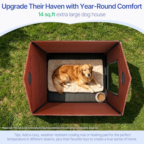 EHHLY 57" Extra Large Dog House Outdoor,Durable Resin DogHouses with 16mm Thick Durable Walls,14 Sq. ft Activity Space&Dual Air Vents,Suitable for Pets Up to 300lbs(57Lx47Wx50H, Brown)