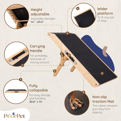 Dog Ramp for Couch – Non-Slip, Sturdy Build Foldable Wooden Dog Ramp – Supports up to 200 lbs – 7 Adjustable Heights (14"–20.5") – Enhanced Stability – Birchwood Pet Ramp for Small Dogs – Natural