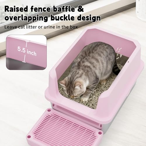 RIZZARI Pink Open-Top Cat Litter Box with Stainless Steel Pan - Extra-Large, Non-Porous & Easy Clean, High Sides Anti-Scatter, Includes Scoop, for Apartment Bathroom or Laundry Room