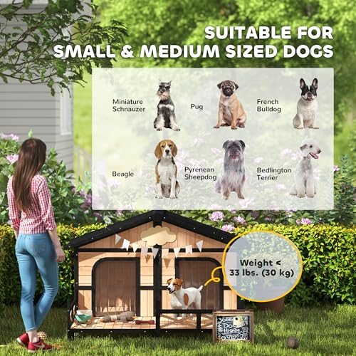 PawHut Dog House Outdoor, Wooden Dog Kennel Weatherproof with Porch, Openable Roof, Removable Bottom, Elevated Floor, Double Room for 2 Small to Medium Breeds, Natural