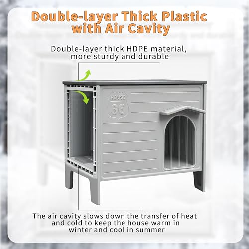 Heated Dog House for Outside Weatherpoof Plastic Dog Houses Outdoor Indoor Waterproof Feral/Pet Dog Shelter for Medium and Small Dogs (Grey)