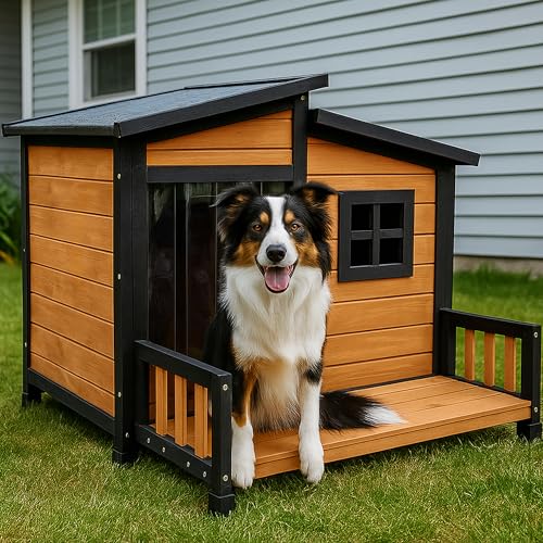 WHEGETED Large Dog House Outdoor Indoor for Small Medium Large Dog, Wood Insulated Dog Kennel Home with Durable Weatherproof Asphalt Roof and Elevated Floor Outside Shelter Brown 39x37x30 Inches