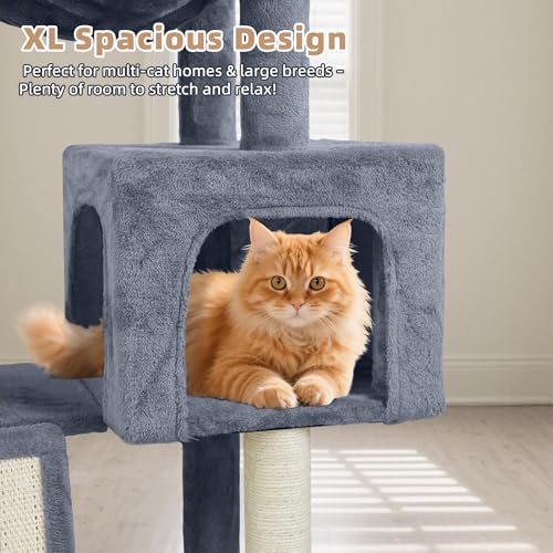 Cat Tree with Cat Condo and Two Hammocks, Cat Tree with Scratching Posts and Scratching Pads, Cat Tower for Indoor Cats, Activity Centre Climbing Tree with Playful Toy Balls, Grey