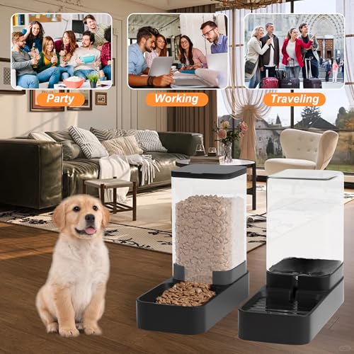 Wefeedy Automatic Cat Feeder and Water Dispenser in Set with Pet Food Bowl,Gravity Dog Waterer and Food Feeder for Small Medium Dog Cat Puppy Kitten Large Capacity(3.3L,Black)