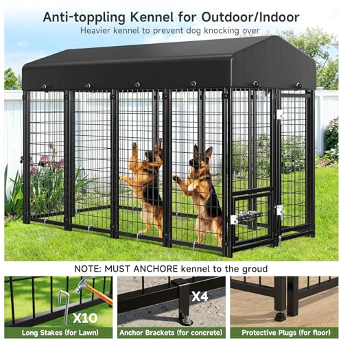 Guiferland Dog Kennel Outdoor, Large Outside Dog Kennel with Roof & Swivel Feeders/Removable Doggy Door Allow Connecting Your Dog House, Heavy Duty Dog Run Pen for Medium/Large Dogs (8'L x 4'W x 6'H)