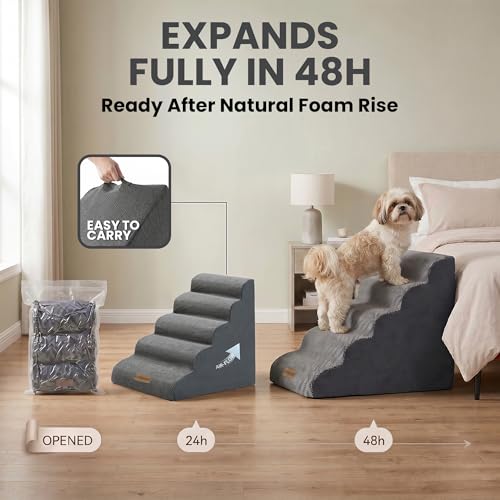 Miorun Dog Stairs for High Beds Up to 30", Extra-Tall 5-Step Dog Steps for Bed, 24.5" Tall Foam Pet Stairs for Small & Medium Dogs, Gentle Slope Cat Ramp for Bed with Washable Cover