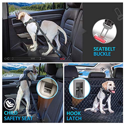 Dog Seat Belt 3-in-1 Car Harness for Dogs Adjustable Safety Seatbelt for Car Nylon Reflective Bungee Fabric Dog Car Harness with Clip Hook Latch & Buckle, Swivel Zinc Alloy Carabiner (Black)