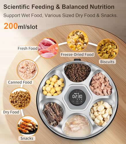 Casfuy Automatic Cat Feeder Cordless - Automatic Cat Food Dispenser with Stainless Steel Tray for Wet Food Rechargeable Auto Feeder for Cats Small Dogs with Programmable Timer Low Battery Indicator