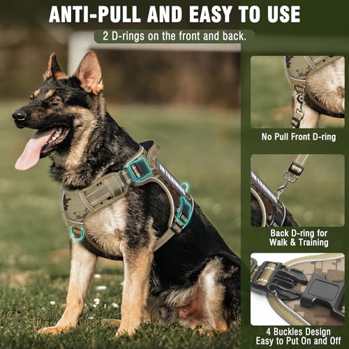 MOOGROU Tactical Dog Harness and Leash Set for Large Dogs,Heavy Duty No Pull Service Dog Vest and 10 Patches with Dog Seat Belt,Reflective Adjustable Pet Harness for Training Walking Hiking Camo L