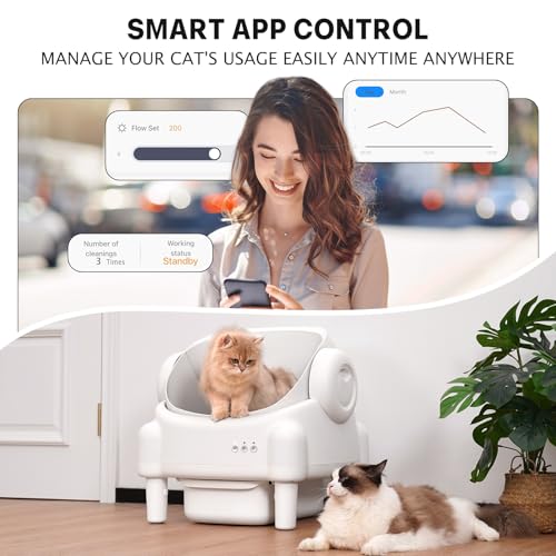 Self Cleaning Litter Box,Open Top Automatic Litter Box with App Control for Multiple Cats, Safety Sensors Protection, Odor Control Includes 2 roll Liners,Large Waste Bin, Cream White