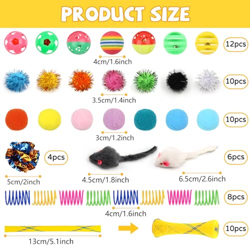 QUOZUO Kitten Toys, 60PCS Cat Balls Springs Toy Set, Cat Mouse Toy, Kitten Sparkle Crinkle Balls Furry Soft Pom Pom