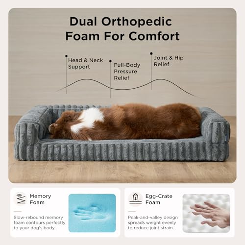 Bedsure ComfyFleece™ Orthopedic Dog Beds Large Sized Dog, Waterproof Memory Foam Pet Couch Sofa with Sides, Non-Slip Bottom and Egg-Crate Foam Large Pet Bed with Washable Corduroy Cover, Grey