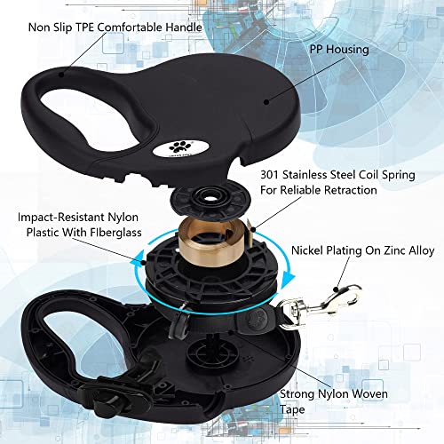 CROWN PAWS 16ft Retractable Dog Leash for Large Breed Dogs up to 110 lbs with a Detachable Chew Proof Extender Wire Ropes (Black L)