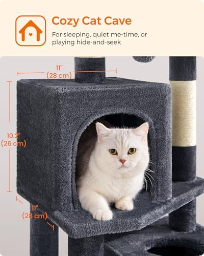 Feandrea Cat Tree, 59.5-Inch Tall Cat Tower, Plush Multi-Level Condo with 5 Scratching Posts, 2 Perches, 2 Caves, Hammock, 2 Pompoms, Smoky Gray UPCT192G01