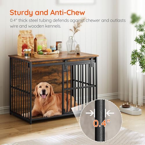 HOOBRO Dog Crate Furniture, 36.6" Heavy Duty Dog Kennel with Sliding Barn Door, Wooden Dog Cage Indoor, Decorative Side End Table for Small/Medium Dogs, Rustic Brown and Black FG162GW03G1