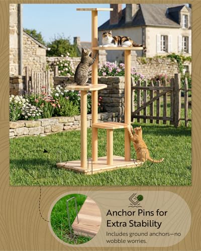 60" Tall Outdoor Cat Tree, Cat Tower Weatherproof for Patio,Garden,Balcony, Durable 4-Tier Natural Wood w/Scratching Posts for Multiple Cats,Outside&Indoor Adult Cats and Kittens Play, Climbing
