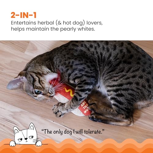 Catstages Hotdog Kicker Toy with Catnip and Dental Mesh, Hot Dog Shape, Plush and Feather Cat Toy for Kicking, Tossing, and Teeth Cleaning, Brown