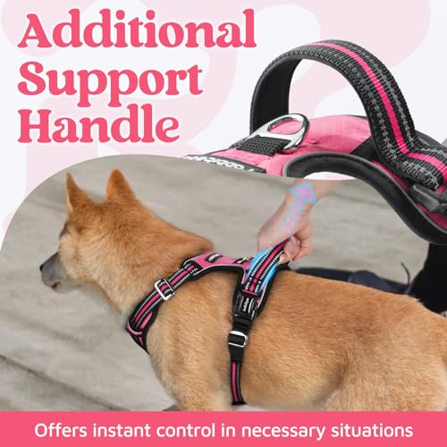 rabbitgoo Dog Harness for Large Dogs, 3 Buckles Easy On & Off No Pull Pet Vest, Soft Padded Walking Pet Harness with Control Handle, Adjustable and Reflective, Pink, L