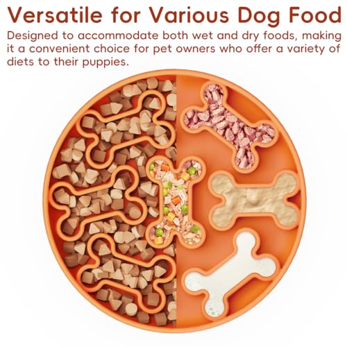 AXEFUN Silicone Slow Feeder Dog Bowl – Orange Bone Pattern | Food-Grade Non-Slip Dog Dish for Anti-Bloat, Fast Eating Prevention, 7.5” x 1.5”, Dishwasher Safe