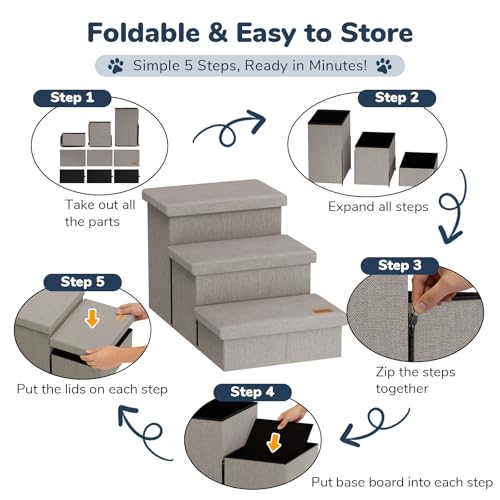 Fecuria 3-Step Wide Dog Stairs with Hidden Storage 18" H, Non-Slip Dog Steps for High Bed Couch Window Car, Jiont-Friendly Pet Stairs Ramp for Small/Medium/Large Old Dogs Cats Up to 220lbs, Grey