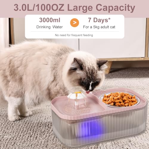 Marchul Cat Water Fountain and Stainless Steel Food Bowl, 100oz/3L Super Quiet Automatic Pet Water Dispenser with Smart Pump and 3 Replacement Filters for Cats and Small Dogs, Pink