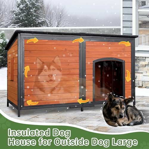 Extra Large Dog House Outdoor Weatherproof Dog Shelter Large Wooden Insulated Houses with Upgrade Anti-Chewing Iron Frame