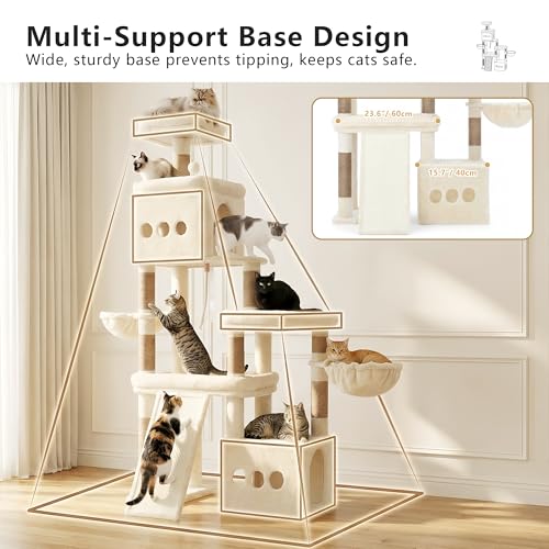 Heybly Cat Tree, 72.4-Inch Anti-Tip Cat Tower for Large Cats, All-in-One Cat Furniture with Spacious Perches, Multiple Interactive Areas, Extra-Large Sisal Scratching Board, Beige HCT060MJ