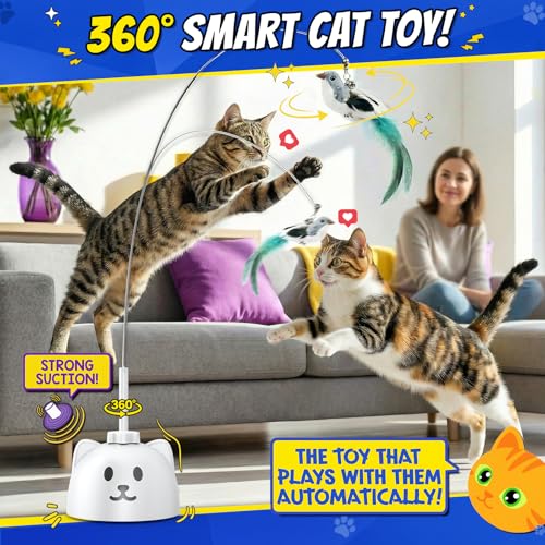 CATPICK Interactive Cat Toys for Indoor Cats - Automatic Flying Bird Feather Toy, Rechargeable Electric Cat Wand with Sticky Suction Base, Smart Motion Activated Self-Play Enrichment Toy for Bored Cat