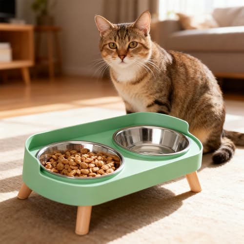 Elevated Cat Bowls, 2 Stainless Steel Raised Cat Food and Water Bowl Set, Splash Proof & Non-Slip, Whisker Fatigue Friendly, Dishwasher Safe for Cats and Small Dogs - Green
