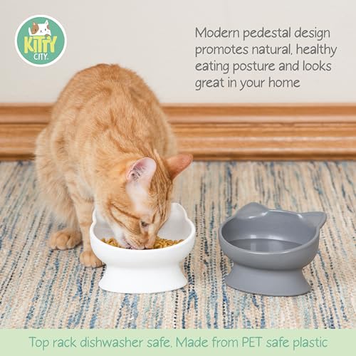 Kitty City Elevated Cat Bowls (Set of 2), Whisker-Friendly Raised Cat Food & Water Dishes, Modern Pedestal Design, Dishwasher Safe, 6.5 oz Each – White & Gray