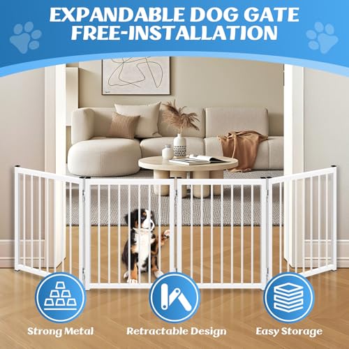 Freestanding Short Dog Gate, 16.5" Tall Small Pet Gate Easily Step Over, Metal Foldable Pet Gate, Up to 51" Wide Puppy Fence, Gate for Stairs and Doorways, Indoor, Outdoor Use, No Drill Pressure Mount