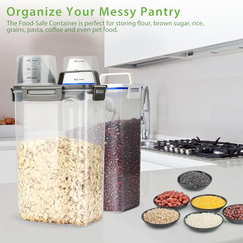 Viretec Rice Airtight Storage Container, 3 to 5Lbs Cereal Dry Food Flour Bin, Pet Dog Cat Food Dispenser with Measuring Cup, BPA Free Clear Plastic Kitchen and Pantry Organization Bin for Sugar