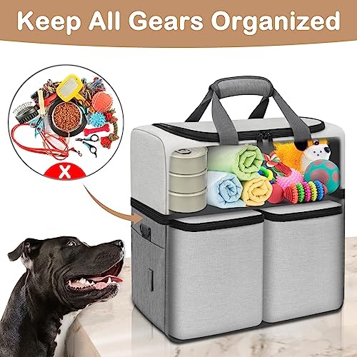 Mancro Dual Layers Dog Travel Bag, Pet Travel Bags with 2 Extra Large Food Containers, 2 Collapsible Dog Bowls, Multi-Pockets Tote Organizer for Pet Supplies, Road Trip Essentials, Weekend Camping