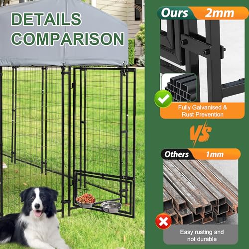 GIODIR 8x4x6 FT Outdoor Dog Kennels for Large Dogs, Heavy Duty Welded Wire Steel Outside Dog Kennel with Roof, Dog Pens with 2 Rotating Dog Bowls, Dog Playpen Fence with Secure Lock for Backyard