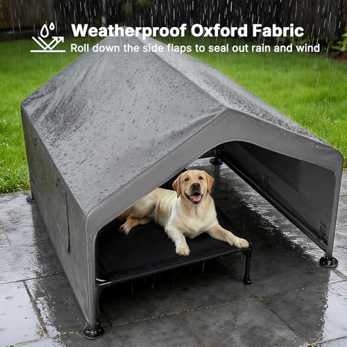 Veehoo Extra Large Dog House Outdoor with Elevated Dog Bed, Outside Dog Tent 4.1' x 4.1' x 3.3', Weatherproof Dog Shade Shelter and Raised Bed Combo for Pets or Stray Animals, Grey