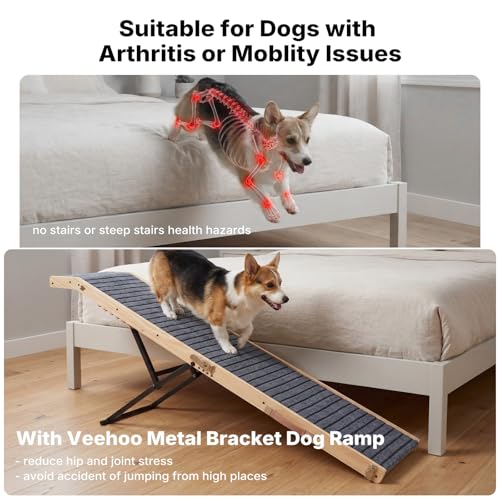 Veehoo Folding Dog Ramp for Bed Couch, 65" Long Stairs for Dogs to Get on High Bed with Platform and 5 Adjustable Height 20" to 31“, Wooden Senior Dog Ramp Steps for Small to Large Dogs, up to 220lbs