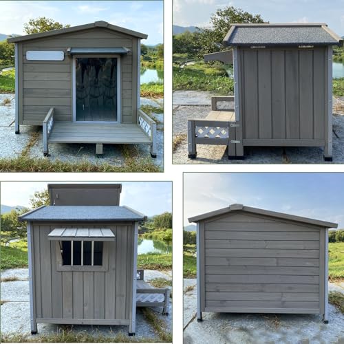 Gowoodhut Weatherproof Dog House Outdoor Wooden Chew-Proof Iron Frame, Removable Floor and Adjustable Window for Small Medium Some Large Dogs(Gray, 40" L x 40" W x 35" H)