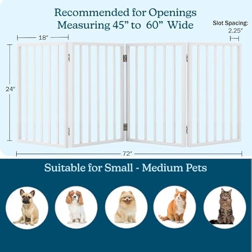 Pet Gate - 4-Panel Indoor Foldable Dog Fence for Stairs, Hallways or Doorways - 72x24-Inch Retractable Wood Freestanding Dog Gates by PETMAKER (White)