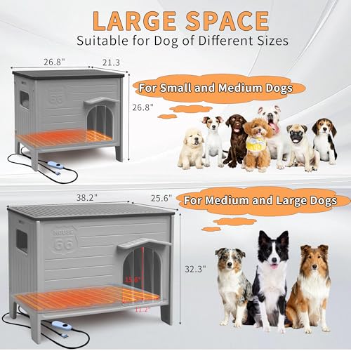 Heated Dog House for Outside Weatherpoof Plastic Dog Houses Outdoor Indoor Waterproof Feral/Pet Dog Shelter for Medium and Small Dogs (Grey)