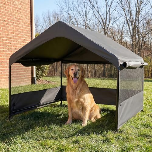 Yokaniwa Dog Tent House Outdoor Shade 4'x4'x3' Shelter for Large Medium Pets,Outside Sun Rain Waterproof Canopy with Three-Sided Breathable Mesh Windows,Livestock House with Ground Nails,Dark Gray