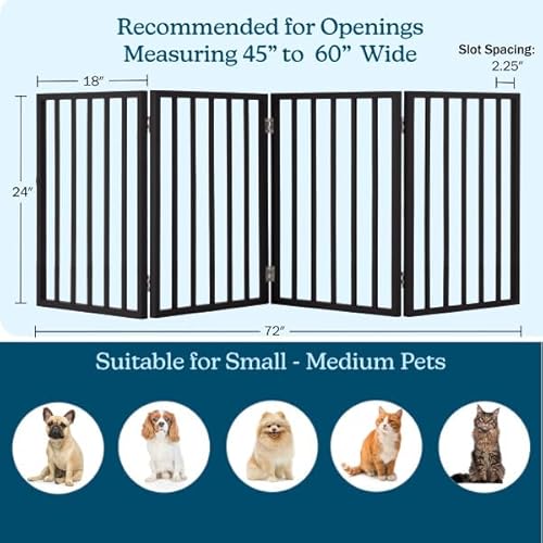 Pet Gate - 4-Panel Indoor Foldable Dog Fence for Stairs, Hallways, or Doorways - 72x24-Inch Wood Freestanding Dog Gates by PETMAKER (Black)